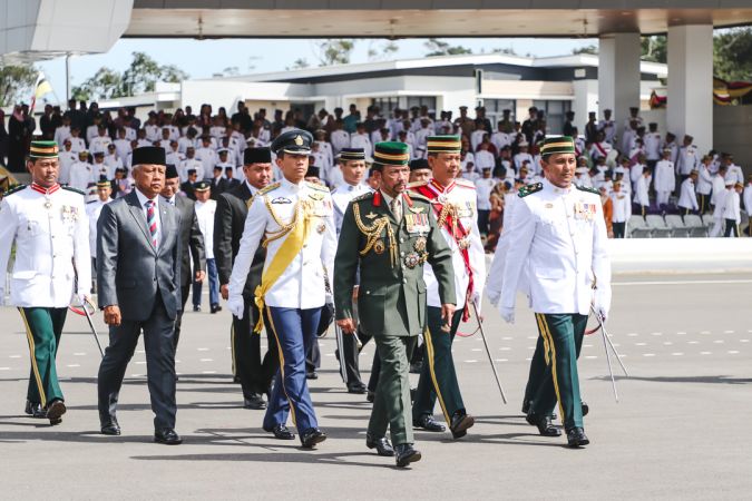 HM the Sultan accompanied by HRH Prince 'Abdul Mateen and senior defence officials during the 17th Sovereign's Parade at the RBAF Defence Academy on January 17, 2019. Photo: Hazimul Harun/The Scoop