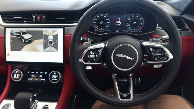 The model showcases a split rim leather steering wheel, featuring monogram embossing, SVR branding and unique SVR stitch detail. Photo: The Scoop